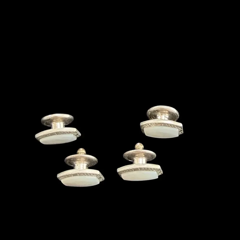 Vintage 1960s Pioneer Mother of Pearl Silver Tone Shield Snap Cufflinks Pair